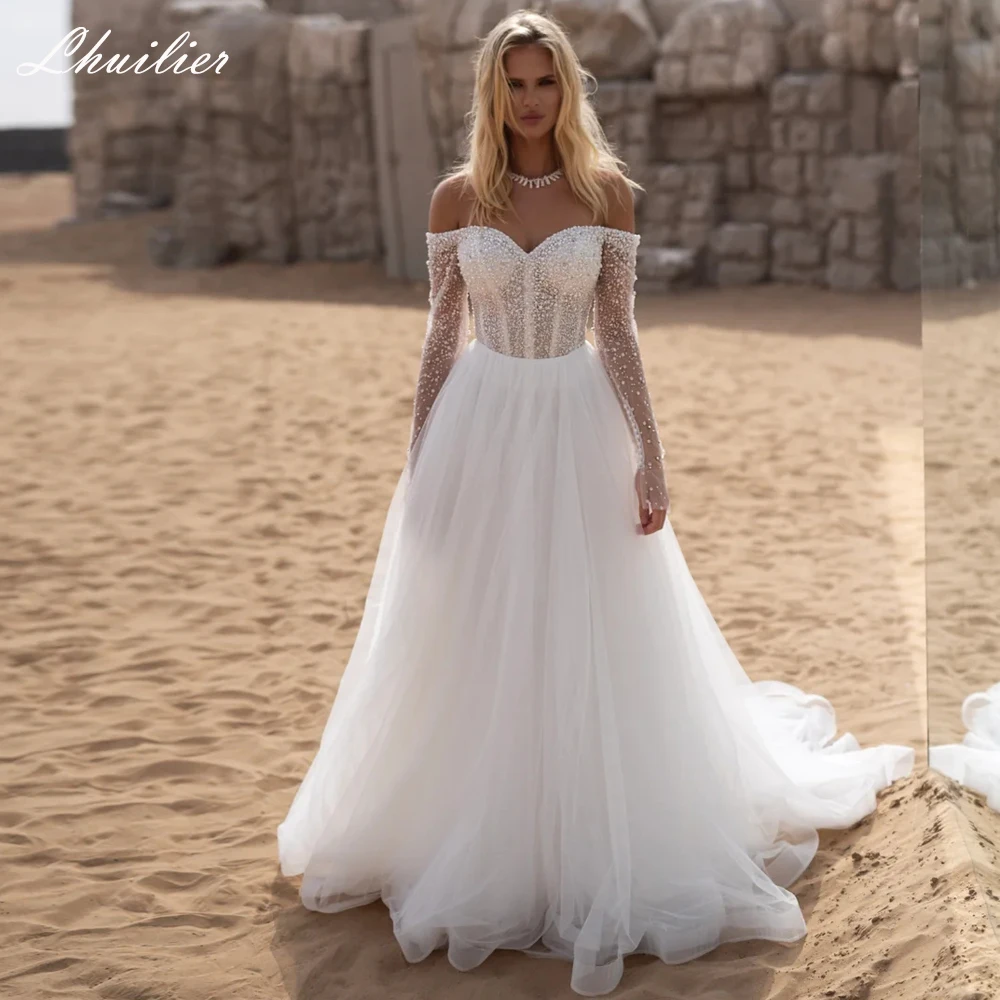 

Lhuillier Customized Off the Shoulder A Line Wedding Dresses Illusion Full Sleeves Beaded Bridal Dress with Court Train