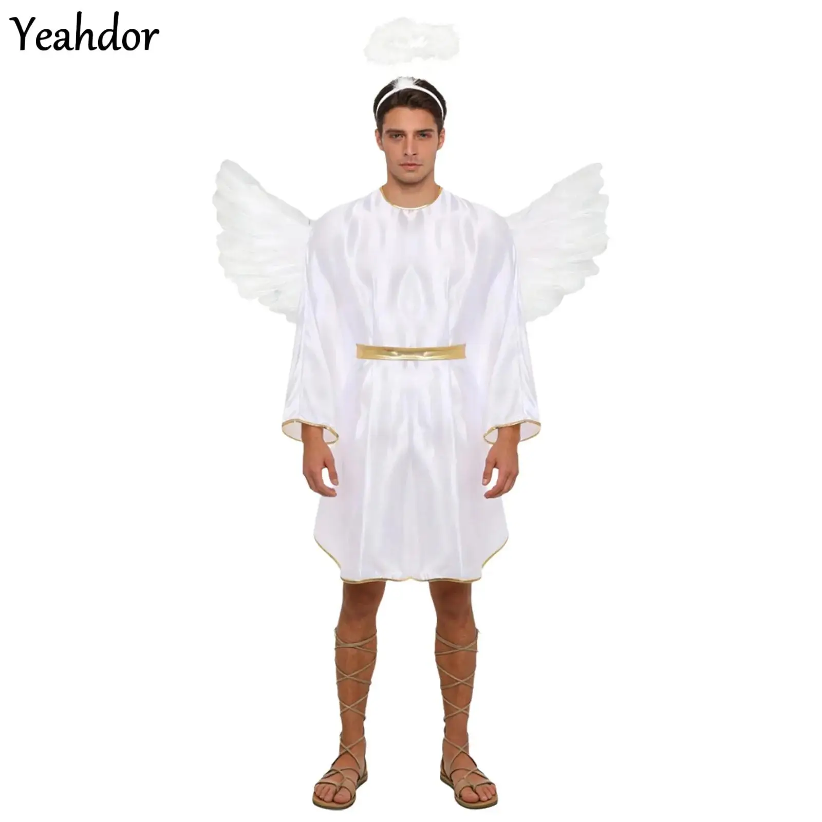 

Men Cosplay Angel Costume Halloween Carnivals Party Devil Robe Gold Trim Satiny Dress with Headwear Wings Batwing Performance