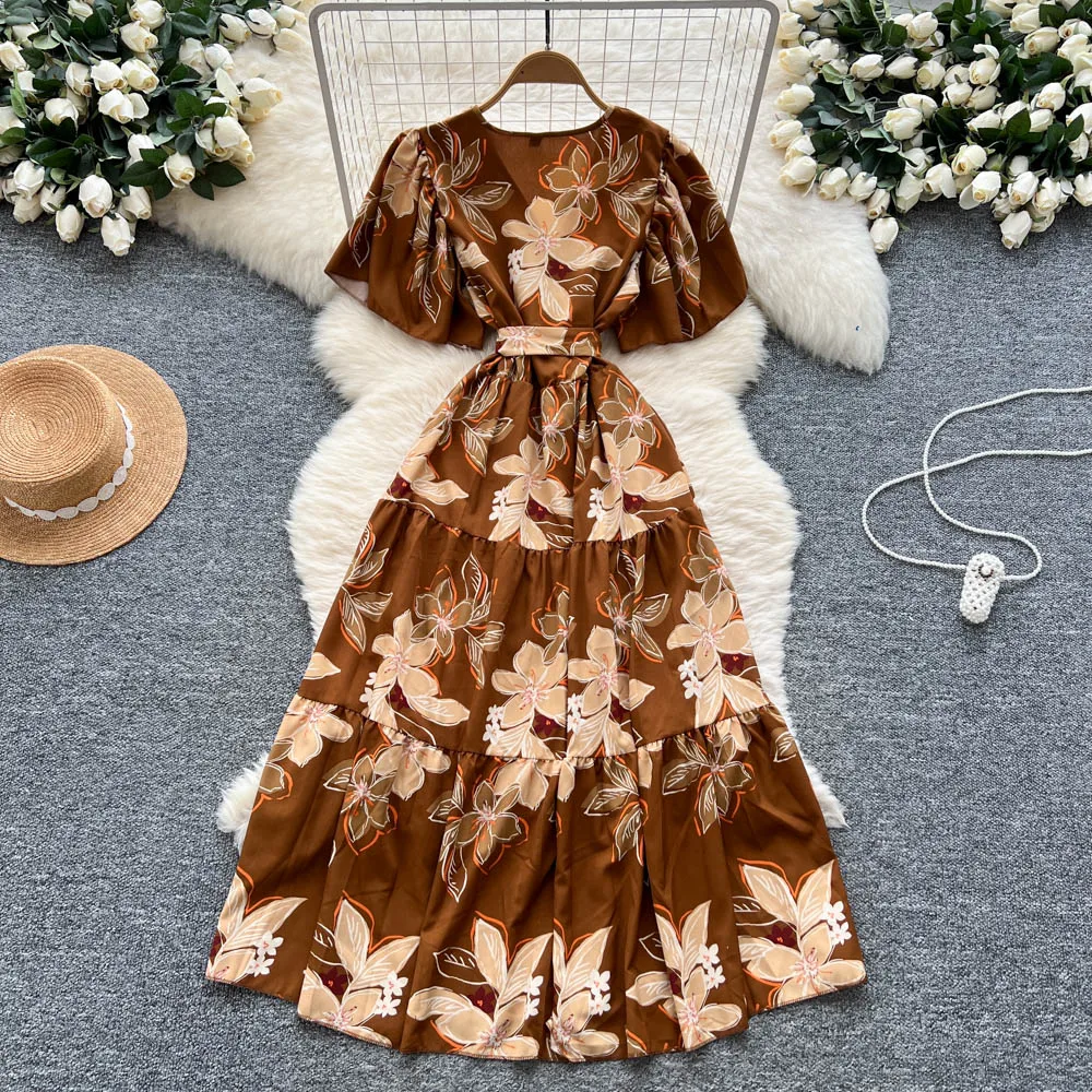 Chic vintage Sexy V-neck print ruffle lace-up Elegant Fairy Summer  Women Boho Sundress women clothing Long dress