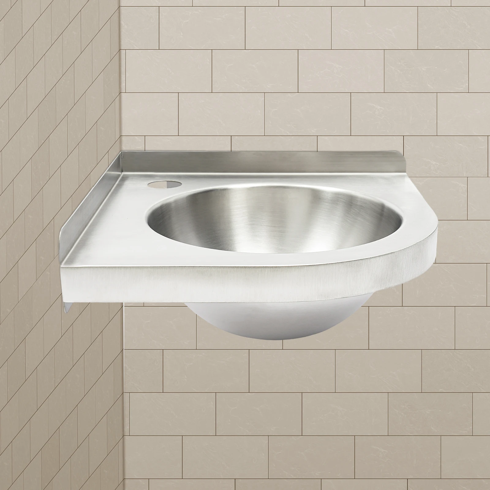 Mała umywalka ścienna ze stali nierdzewnej 304, kompaktowa, okrągła konstrukcja, idealna do kuchni kampera, przyczepy kempingowej i użytku na zewnątrz.