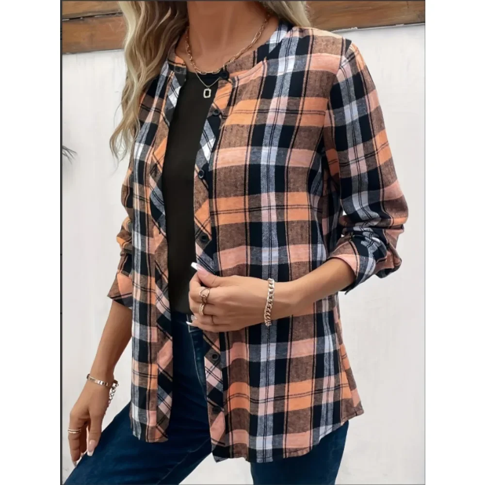 

Plus Size Women's Button Plaid Round Neck Long Sleeve Blouse