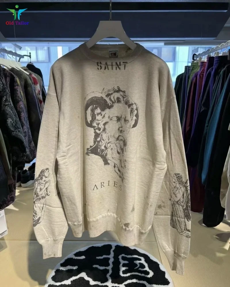 

Trend Autumn Winter Fashion SAINT Beige Aged Sweatshirt Terry Best Quality Mens Womens Round Neck Vintage Pullover
