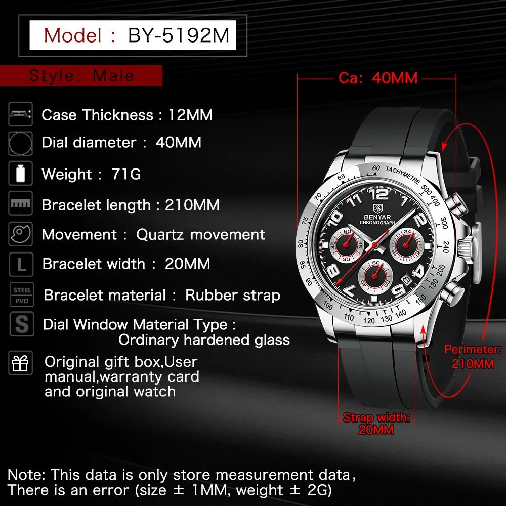 BENYAR New Casual Mens Quartz Watches Steel Bezel Silicone Strap Waterproof Multifunctional Luminous Wristwatch For Man