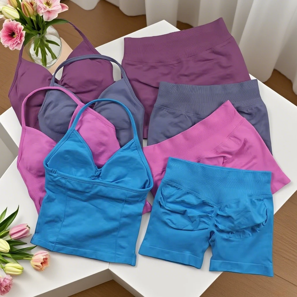 

Спортивный костюм из двух предметов, женский жилет с лямкой на шее, высокая талия, без царапин, бесшовные шорты, спортивная одежда, костюм для фитнеса, спортивная одежда, спортивный костюм