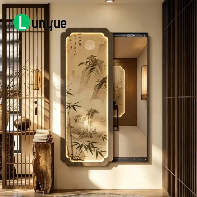 Chinese Landscape Push Pull Hidden Full Body Mirror Hanging Painting Invisible Wall Art Decor for Living Room Porch Entryway