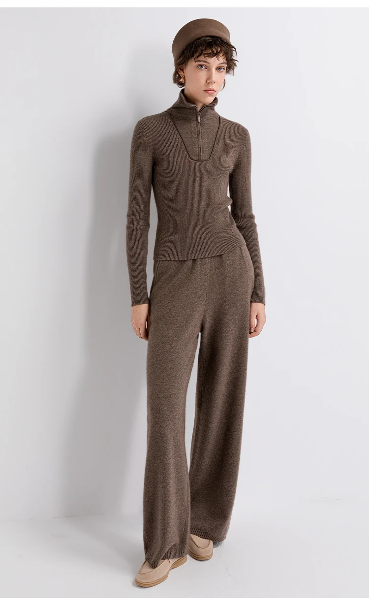 TX862183 Damen-Strickhose mit weitem Bein, Woll-Kaschmir-Mischung, elastischem Bund, gerippten Bündchen, entspannter Schnitt, LP Old Money Early Autumn – Detail 9