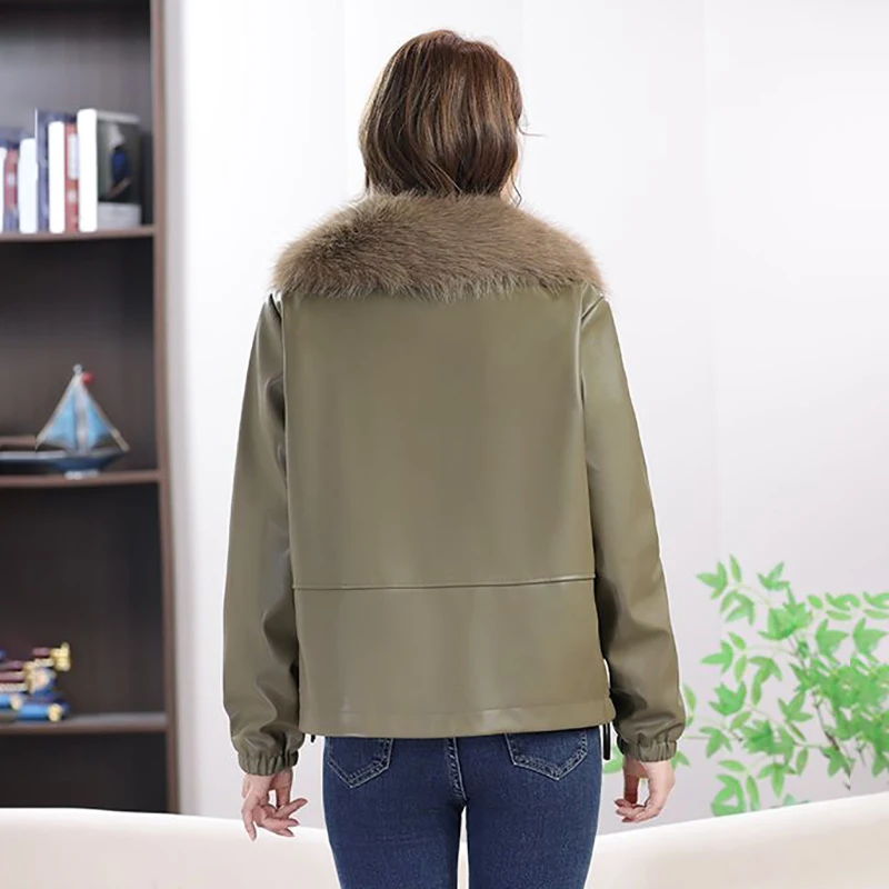 Plus Samt Dicke Leder Jacke Frauen Mantel Herbst Winter Neue Wolle Kragen Lose Mode Chic Warme Leder Jacke Outwear Top