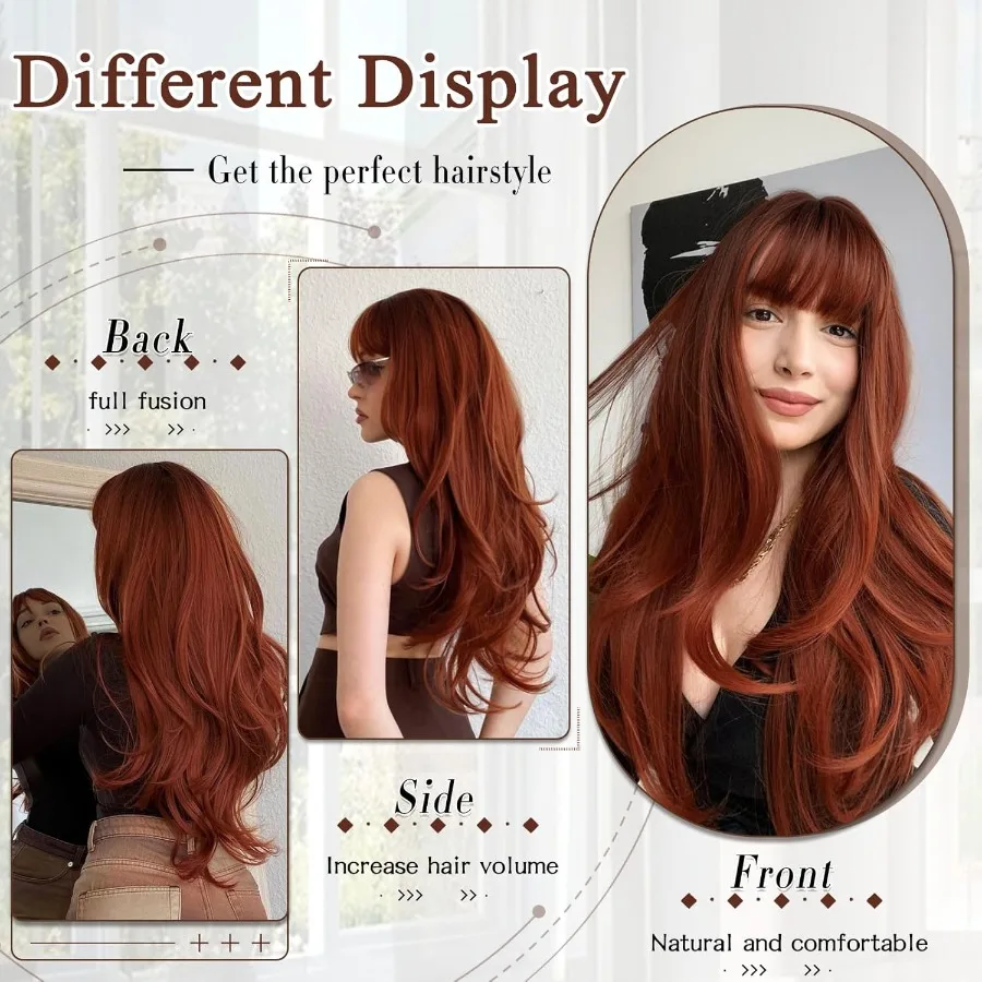 Copper Red Clipin Hair Extensions for Women Straight Layered Synthetic Hair Extensions Long Wavy Style Daily Use 20 Inch Perfec