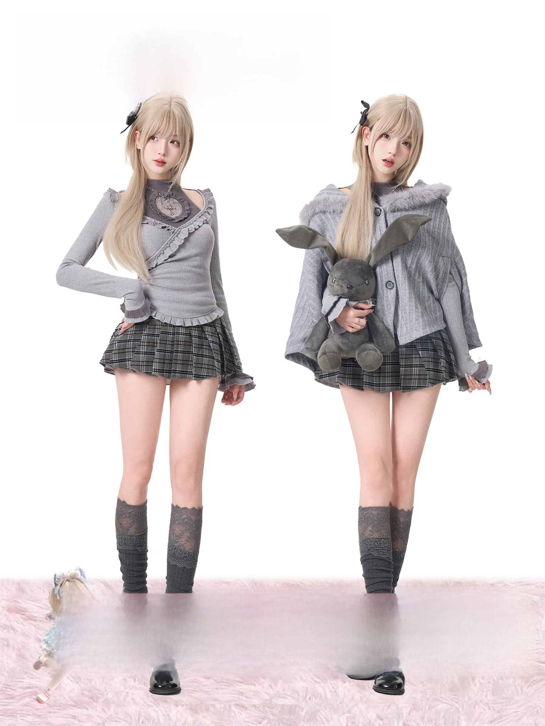 

Gray Knitted Short Skirt with Plaid Design Berlin Girl Style Long Sleeve Hooded Coat for Young Women Daily Wear Spring Season