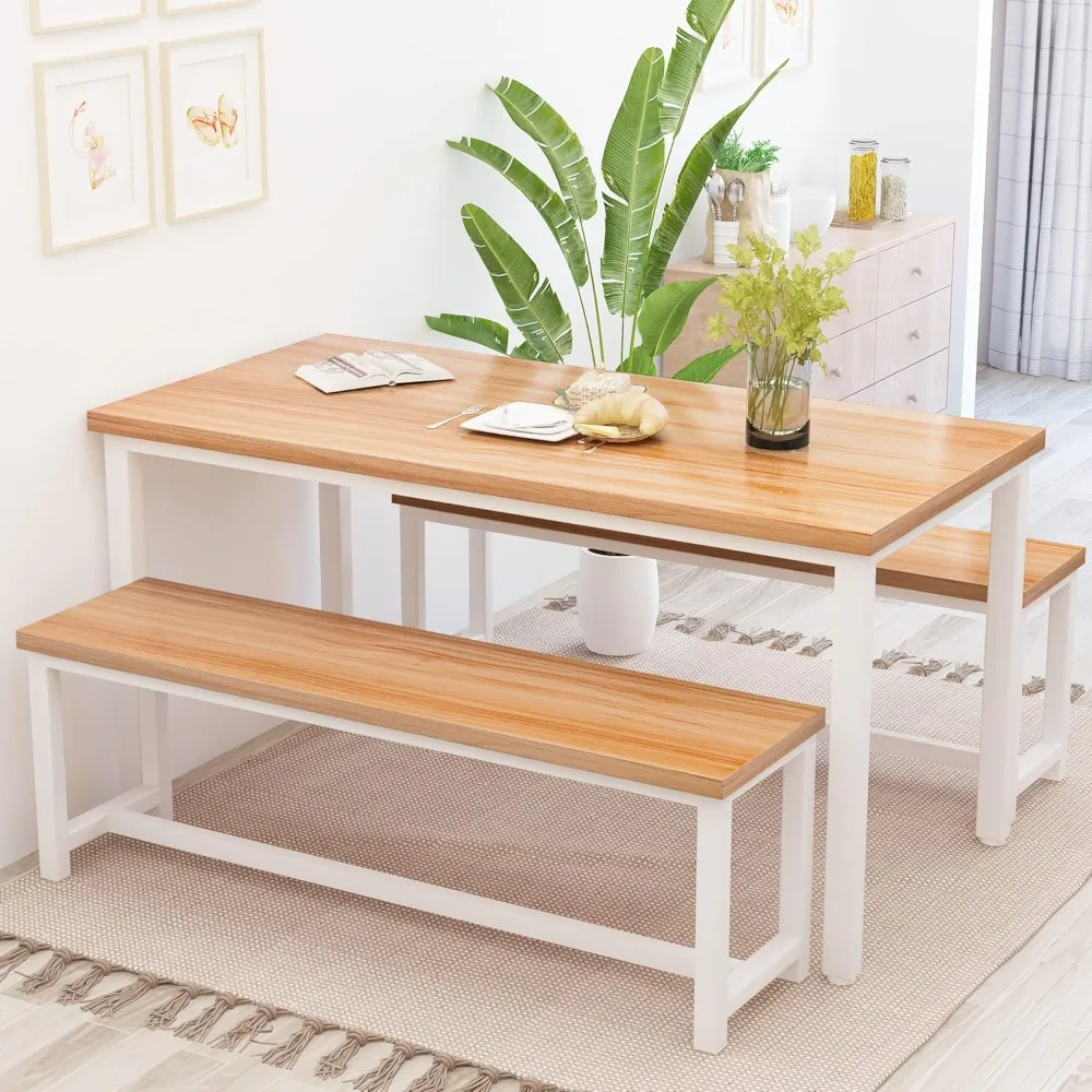 Dining table set for 4 people kitchen dining table set with 2 dining table benches for small spaces, apartments, walnut