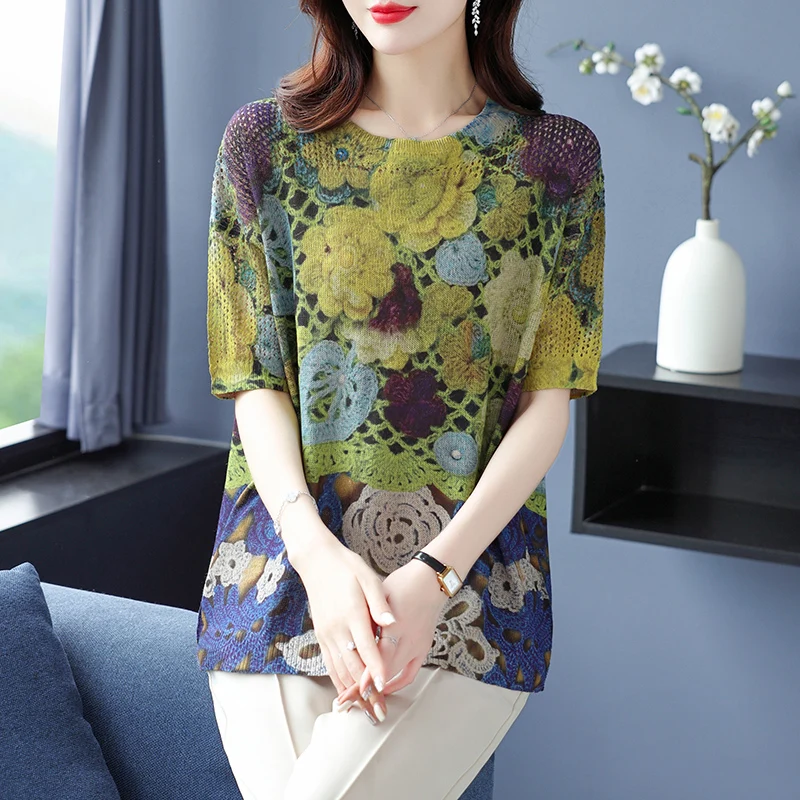 

Полая вязаная футболка с цветочным принтом, женская летняя одежда для женщин, пуловеры, футболки с короткими рукавами, топ, свободная женская футболка