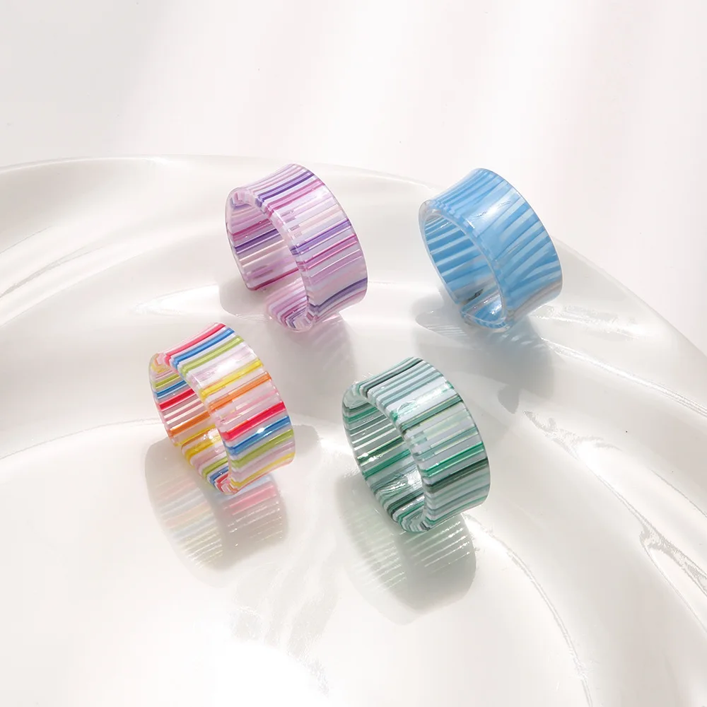 New Rainbow Acrylic Open Ring Simple and Fashionable Colorful Striped Women's Versatile Countryside Style Ring