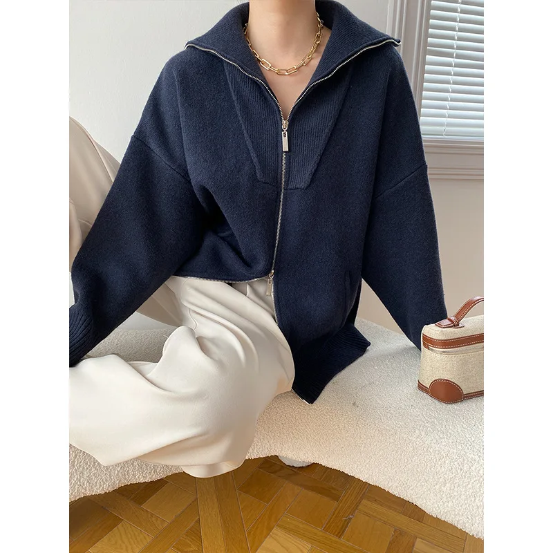 2024 Women Autumn Knitted Turn Down Collar Cardigans Zip Design Long Sleeve Women Sweater Cardigans Coat