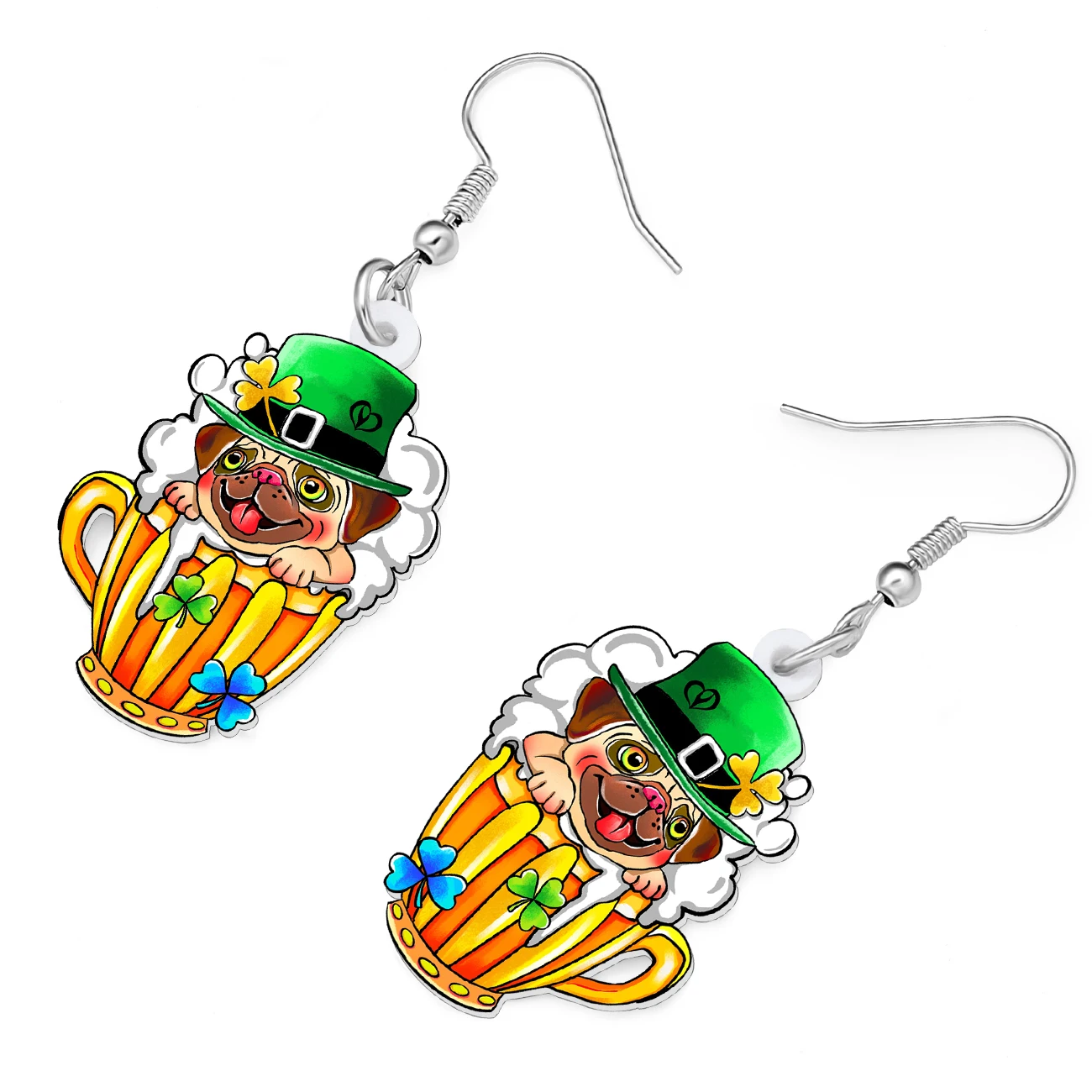 BONSNY Acrylic St Patricks Day Pug Dog Earrings Lucky Green Hat Shamrock Animal Irish Jewelry Good Luck Gifts For Women Drinkers - view 3