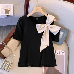 2024 New Summer European Clothes T-Shirt Loose Hollow Out Skew Collar Color Blocking Big Bow Women Tops Short Sleeve Tees 45009