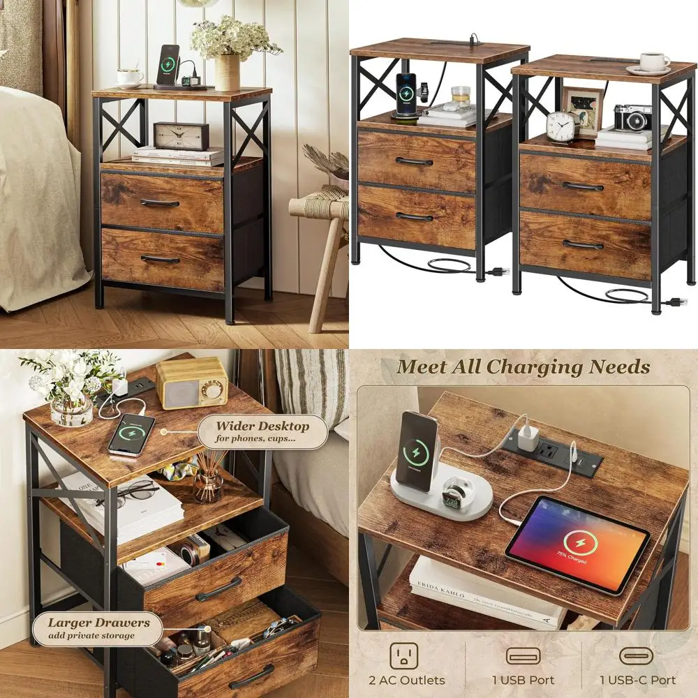 

Пара коричневых тумбочек в деревенском стиле с зарядкой USB-C, двумя ящиками и открытой полкой для небольших помещений