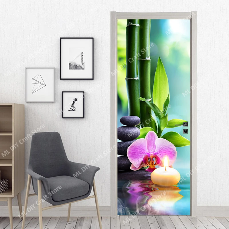 3D Door Sticker Green Zen Stone Purple Flower Art Mural Wallpaper PVC Adhesive Whole Door Package Home Decoration