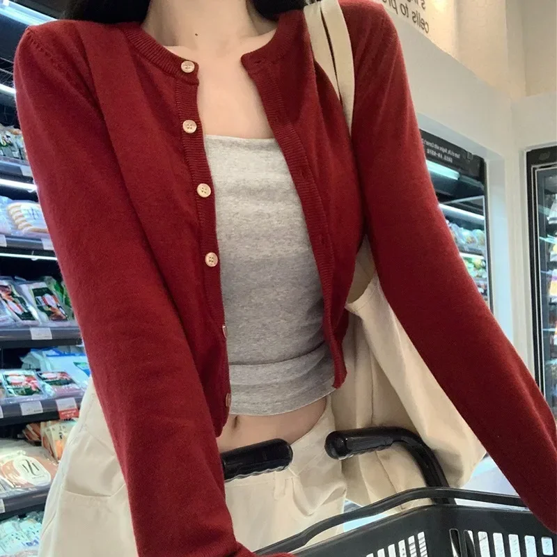 

Red Round Neck Sweater Knit Cardigan Outerwear Women 2024 New Early Spring Clothing Slim Fit Short Long Sleeve Top