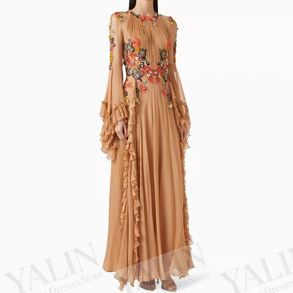 Women's A-line Evening Dresses Floor-length O-neck Full Sleeve Prom Gown Fashion Flowers Ruched Simple Draped Customized Gowns
