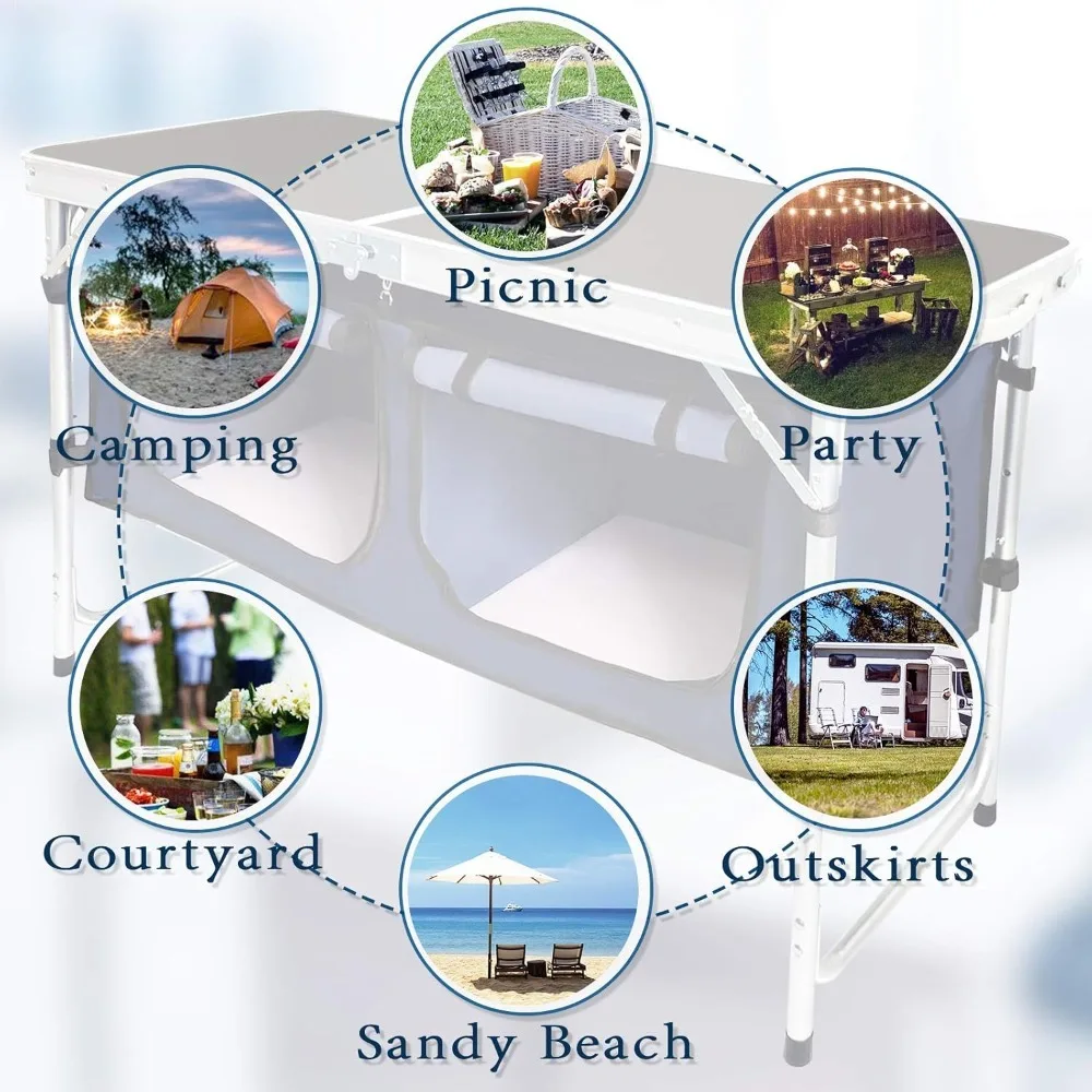 جديد - طاولة تخييم قابلة للطي مع حجرة تخزين من الألومنيوم خفيفة الوزن لطاولة المطبخ للتخييم قابلة للتعديل