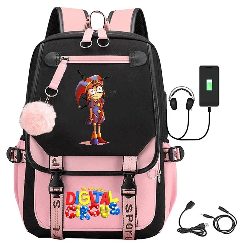 Pomni-A incrível Circo Digital USB Carregamento Mochilas, Sacos De Escola Dos Desenhos Animados, Mochila Estudante, Saco Do Portátil Adolescente, Moda Meninas