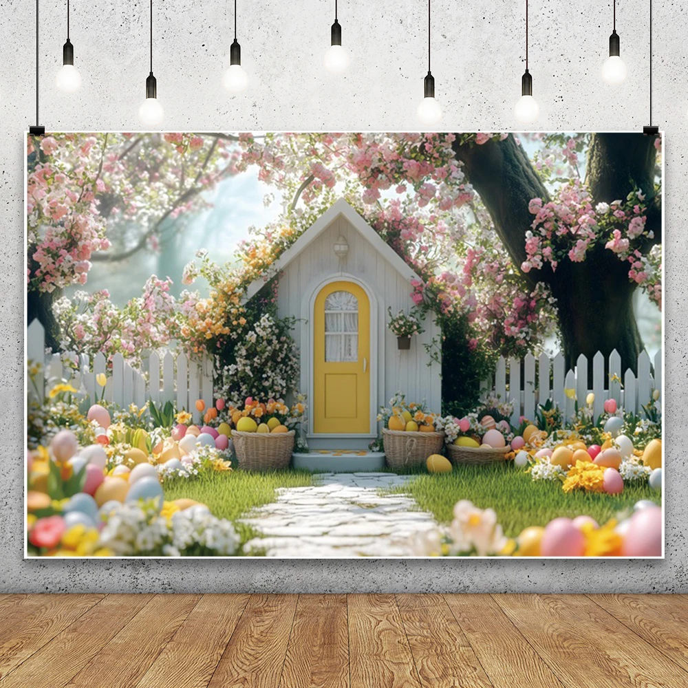 عيد الفصح خلفية الربيع حديقة أرنب عيد الفصح البيض الملون الأزهار التصوير خلفية الطفل حفلة عيد ميلاد ديكور راية