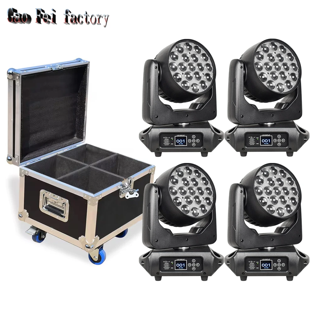 4PCS Flight Cases DJ 19x15W Moving Head Wash Light Lyre Wash RGBW Zoom Movil Stage Lights For Dj Nightclub Disco Projector