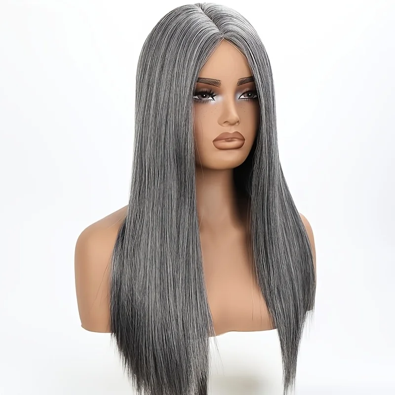 28inch gray straight lace front wig silver gray heat resistant women's hairpiece,easy to style and care for daily wear, cosplay
