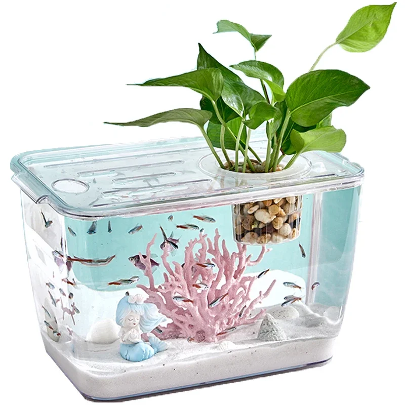 

New plastic fish tank with lid HD transparent aquarium goldfish turtle breeding desktop small aquatic plant tank