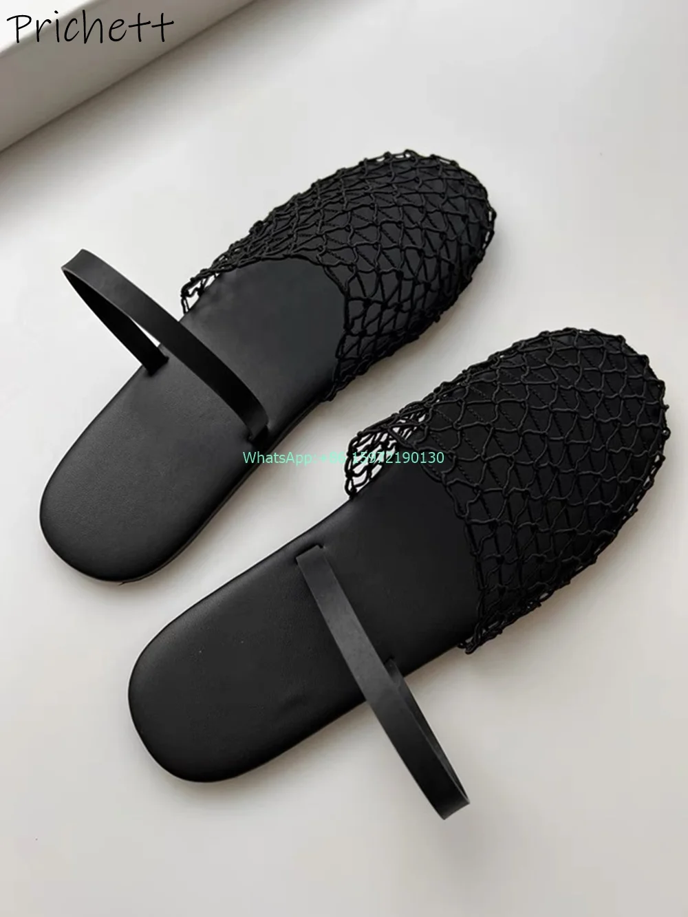 weave-hollow-two-way-wear-slippers-flat-with-round-toe-solid-black-shoes-fishing-net-muller-roman-style-ladies-leisure-shoes