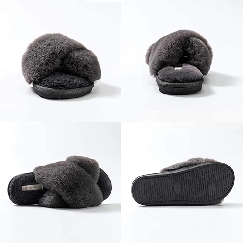 Women\'s Artificial Fur Slippers Cross Band Open Toe Breathable Plush Fluffy Home Grey Slippers