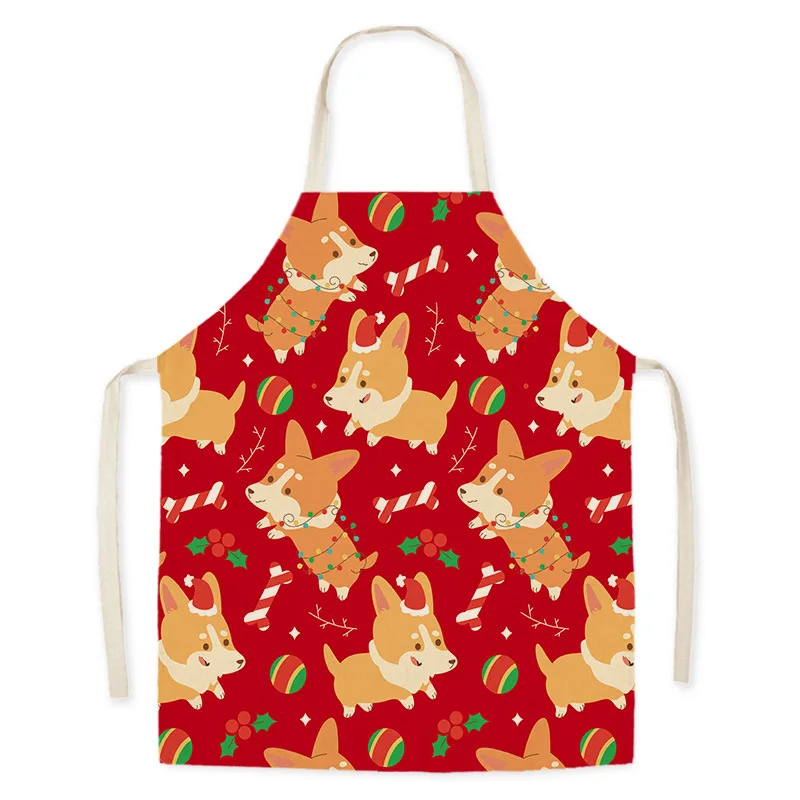 Christmas Deer Print Cleaning Apron Cotton Linen Adult Bib Coffee  Home Cooking Santa Kitchen