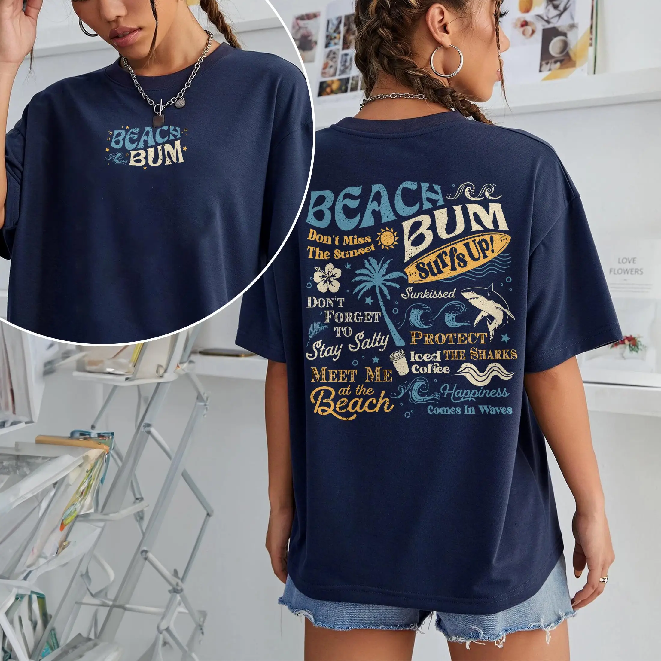 Beach Bum, Aesthetic Coconut Girl Tee, Ocean Surf TShirt, Y2k Girl Beach Shirts, Shark Lover Gifts, Beach Lover T-shirt