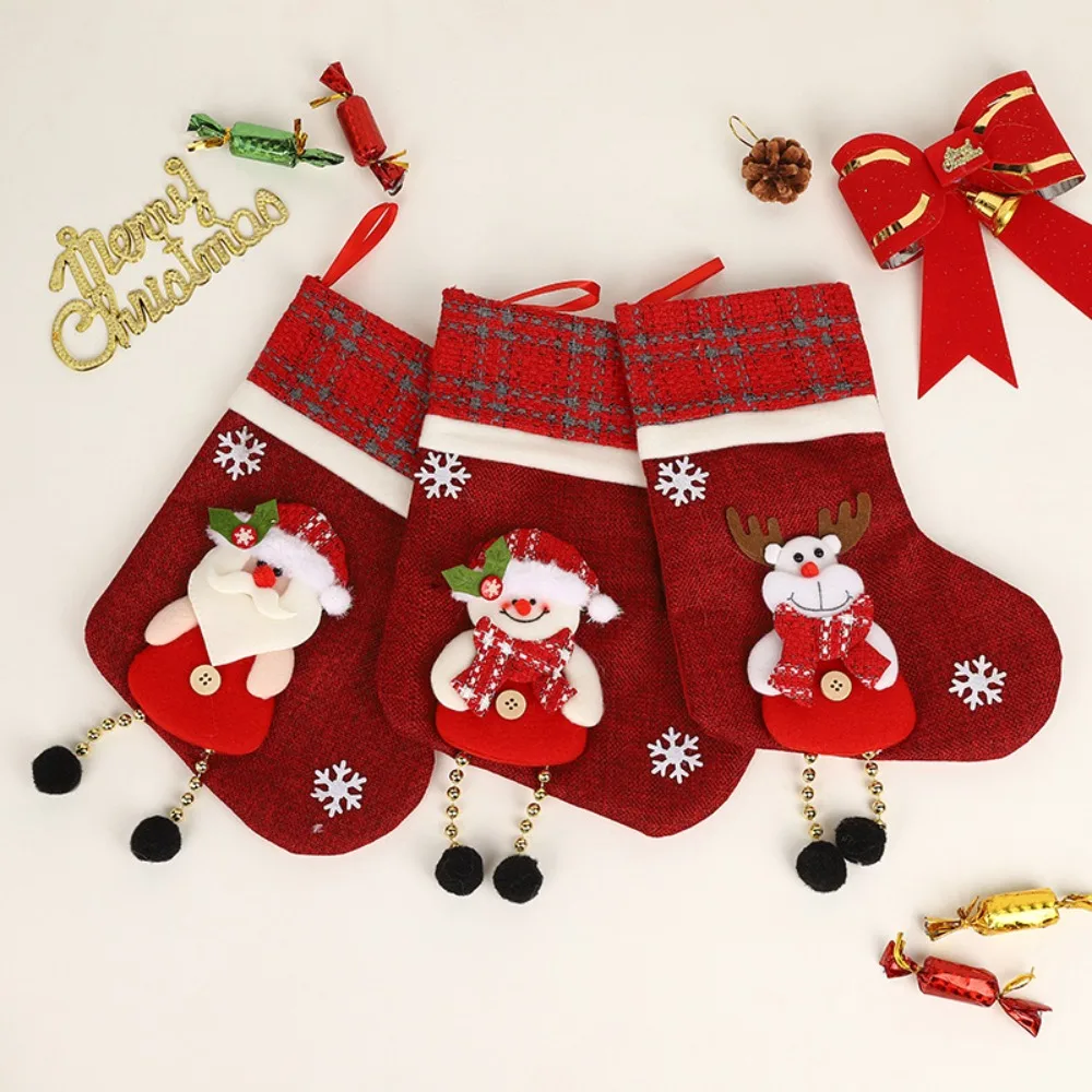 2Pcs Creative Hanging Christmas Socks Ornaments Snowman Elk Christmas Gift Bags Red Cartoon Xmas Tree Ornaments Party