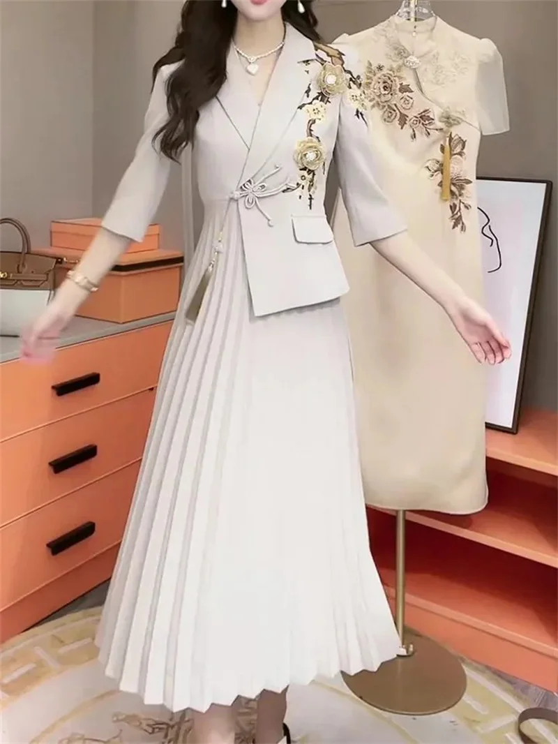 2024 Spring/Summer New Embroidered A-line Dress with Chinese Style Pleated Skirt, Mid length Skirt with Waist, Ladies Slim Dress