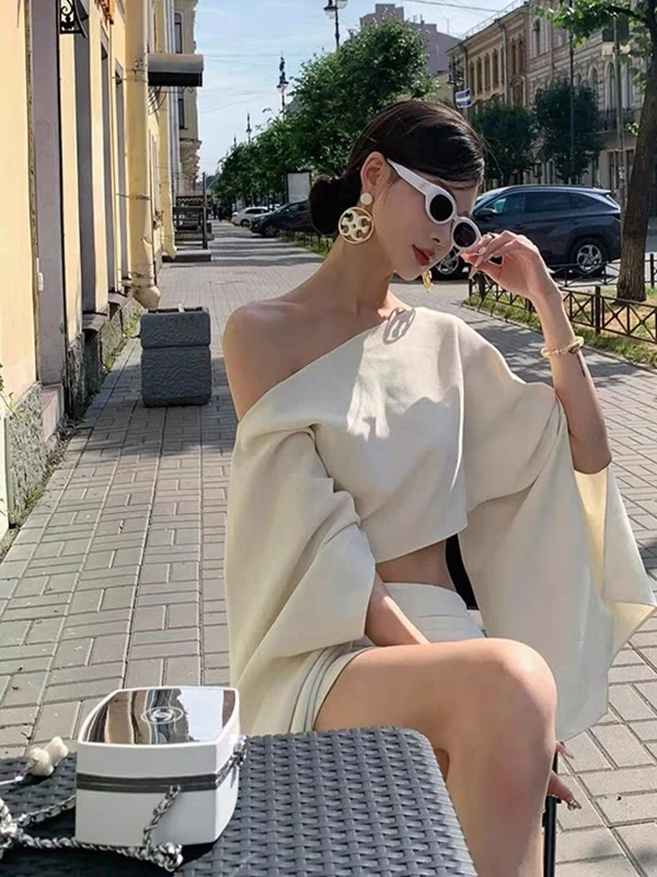 Set gonna da donna elegante in due pezzi High Street, colletto obliquo, manica lunga svasata, camicetta corta + minigonna