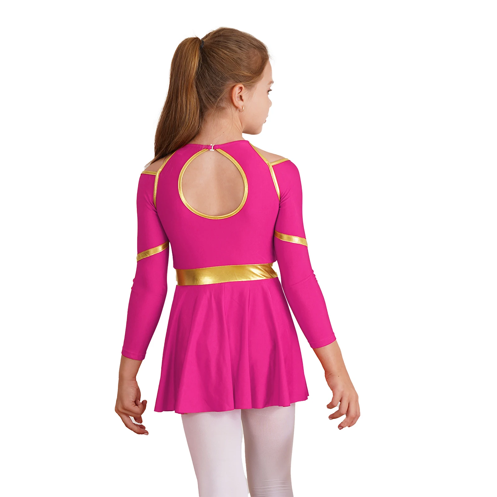 Kids Girls Cheerleading Outfits Long Sleeves Cheer Leader Costumes Shiny Metallic Dance Dress A-Line Mini Skirt Set