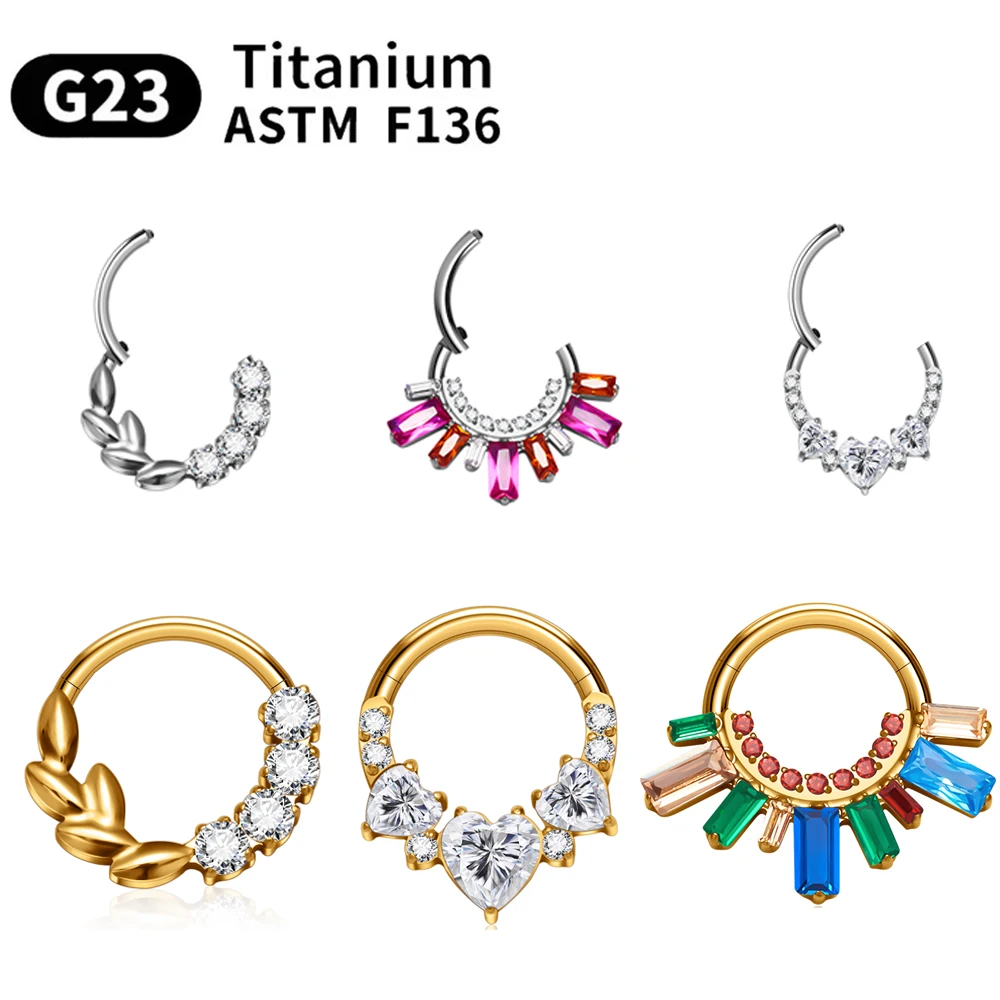 ASTM F136 Piercing Jewelry Set Nose Ring G23 Titanium Hoop Earrings For Women 16G CZ Hinged Clicker Segment