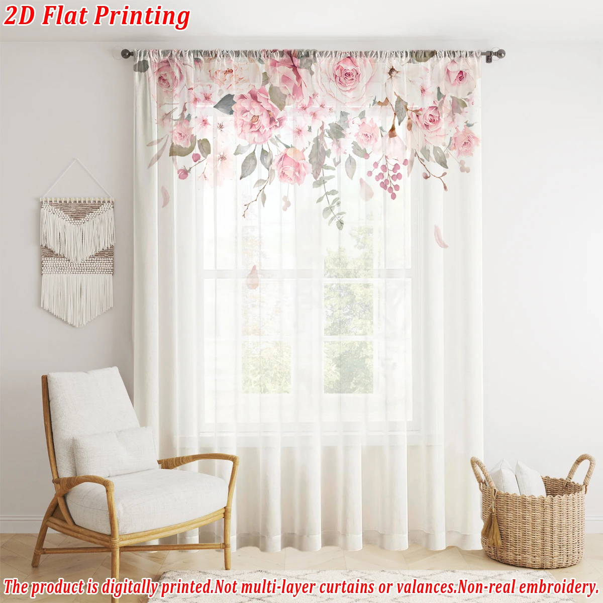 ستارة شفافة بطباعة مسطحة على شكل زهور وردية، قماش خفيف، لغرفة المعيشة وغرفة النوم وديكور المنزل والنافذة