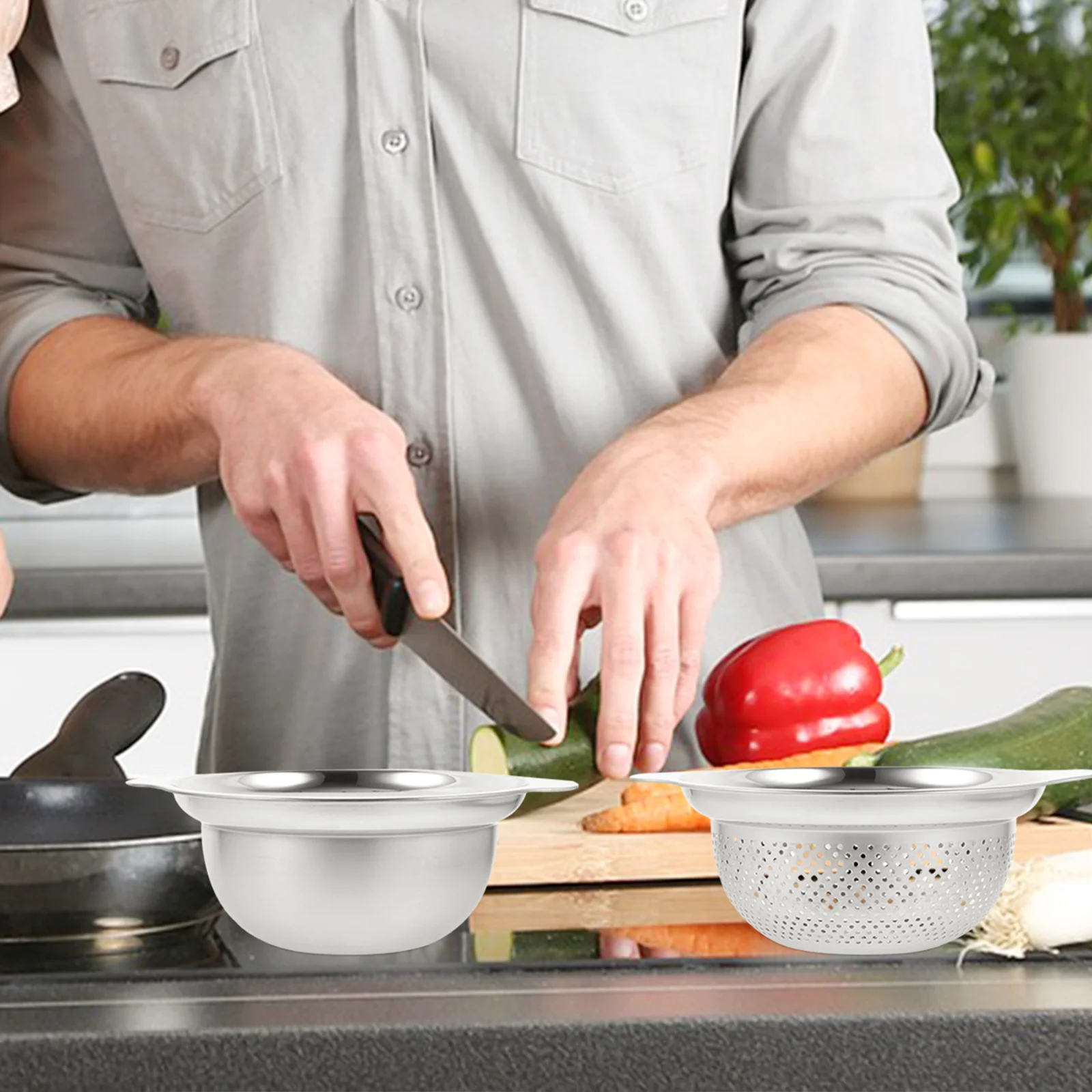 

1Set Stainless Steel Drainer Basket Mixing Bowl Multipurpose Colander Vegetable Fruit Washing Basin Kitchen Supplies Household