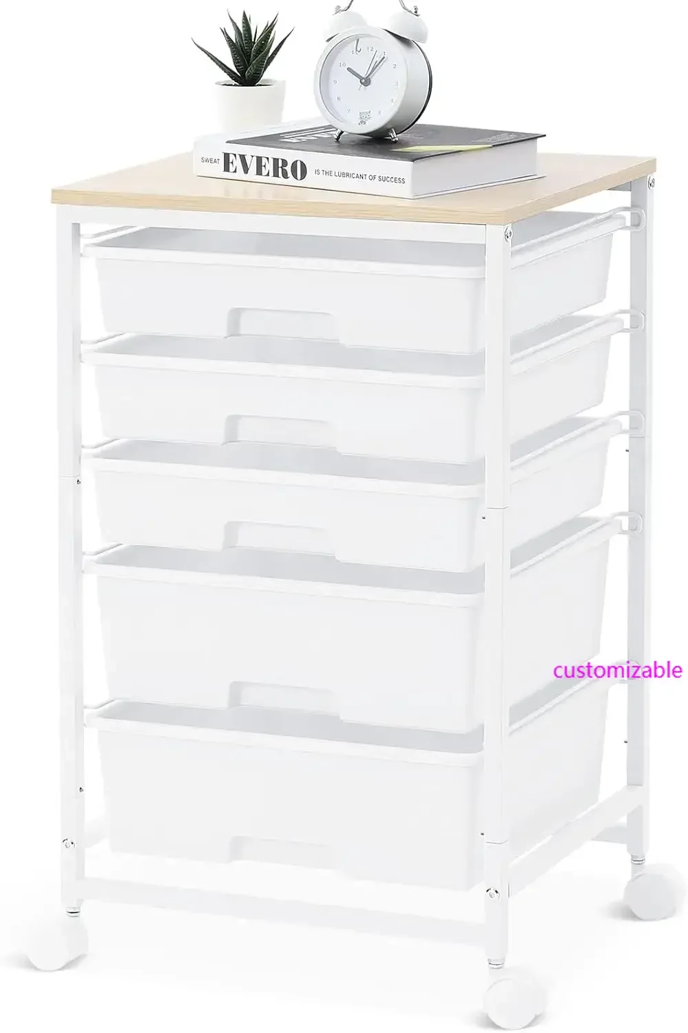 Utility Cart with 5 Drawers,Storage Drawer Cart with Wooden Tabletop and Lockable Wheels,Craft Storage Trolley Cart,