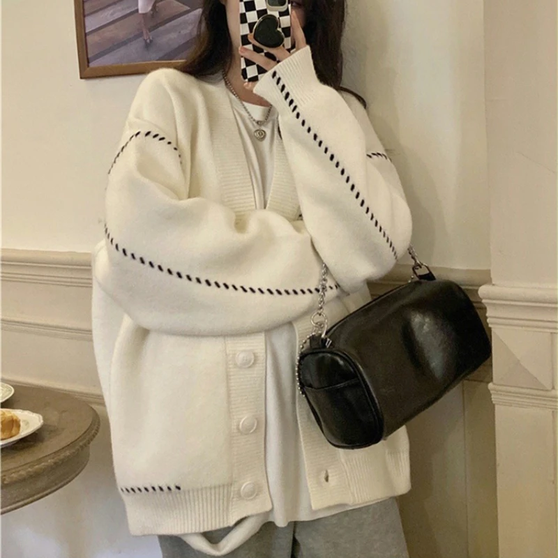 

Korean Women's Cardigan Sweater V-neck 2025 Autumn Winter Knitted Loose Cardigans Solid Single Breasted Women Lazy Sweaters Coat