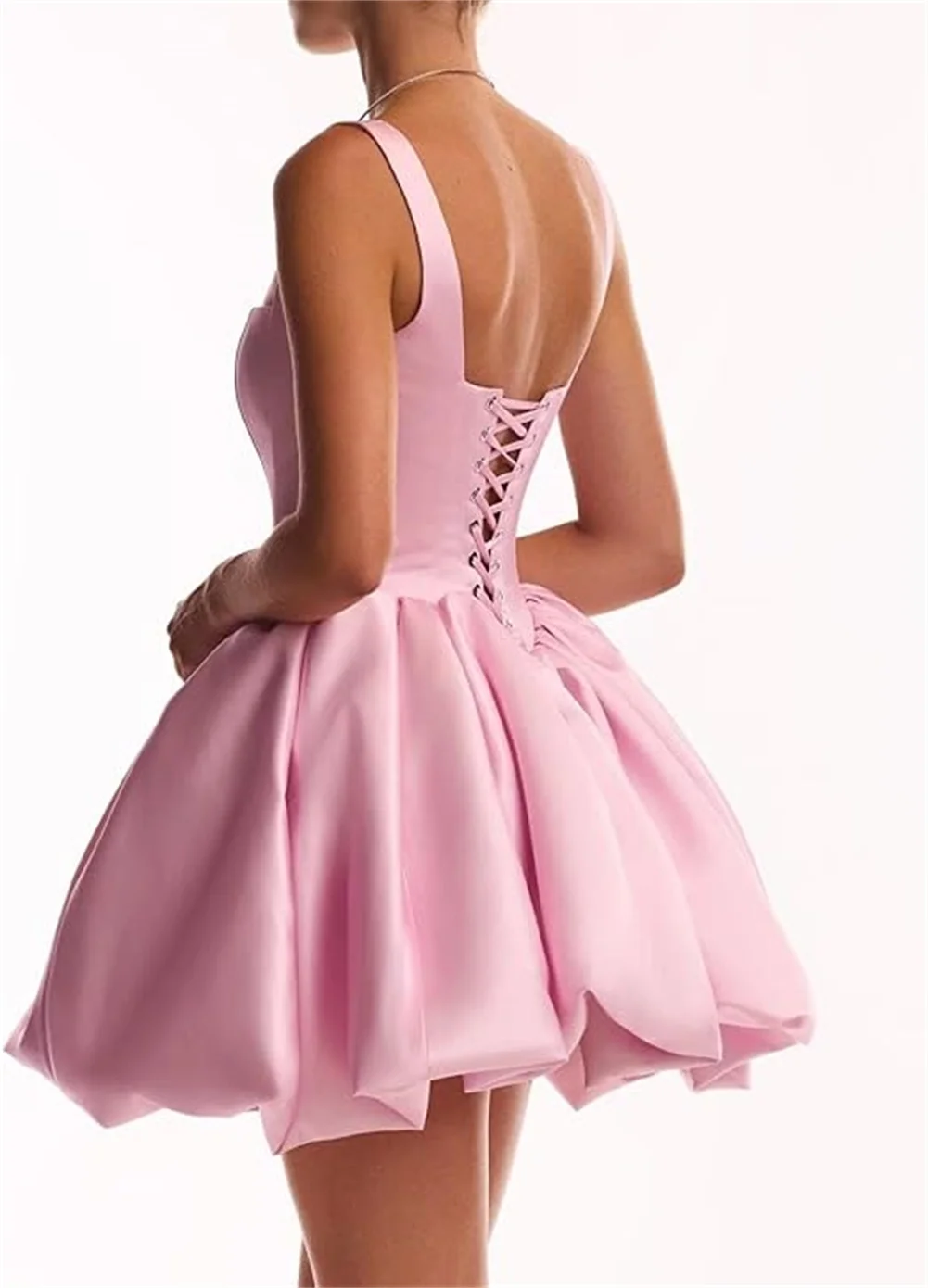 

Customized Spaghetti Straps Satin Flower Bud Skirt Short Homecoming Dress Summer Casual Backless Mini Cocktail Party Gowns Women