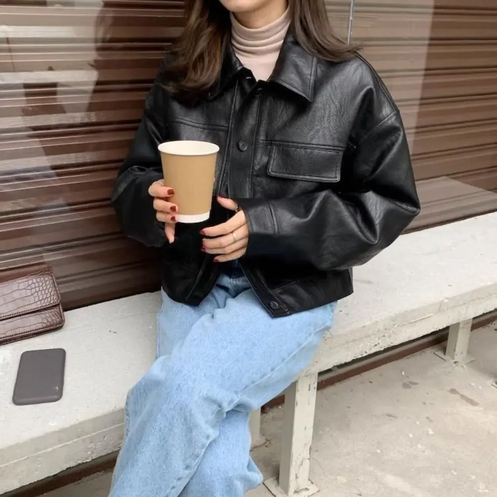 Comfortable Lapel Collar Leather Jacket Women Outerwear Retro Vintage PU Coats Korean Chic Windbreaker Jackets Streetwear