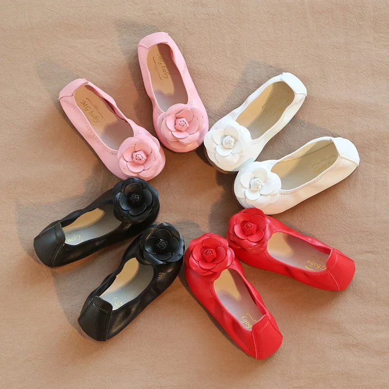 

2025 New Girls leather shoe Slip on Black Red Girl Leather Shoe Flower Ballet Children's Flat Girls leather shoes