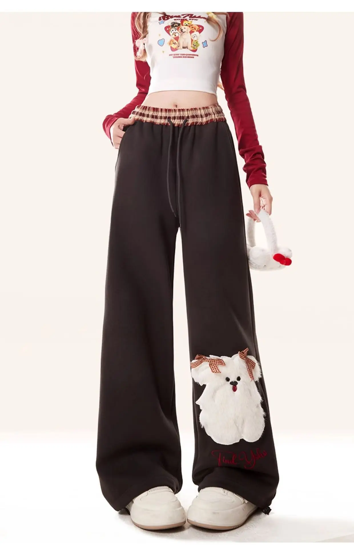 2024 Autumn New Women's Trousers Fashion Sweet Style Cute Dog Straight Leg Pants Black Wide Leg Loose BF Lazy Style Sports Pants