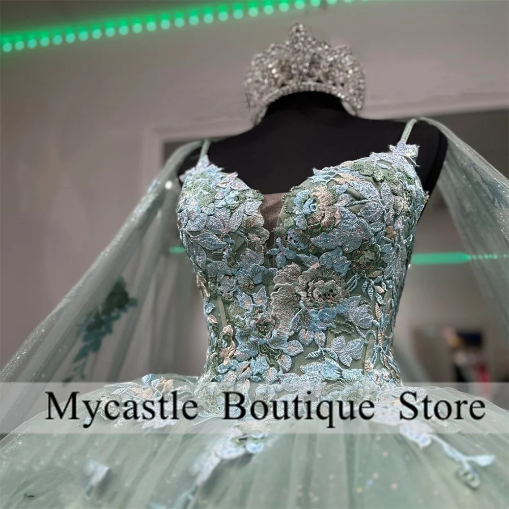 Romantic Sage Green Lace Applique Ball Gown Quinceanera Dresses 2024 With Cape Sweet 15 Dress Lace-up Corset Vestidos De 15 Año