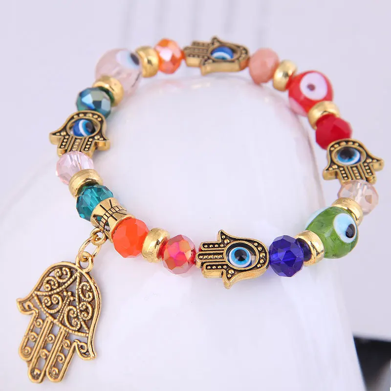 Ethnic Hand Palm Evil Eye Charm Bracelets for Women Men Boho Elastic Resin Bead Bangle Armband Vintage Silver Color Jewelry 2023