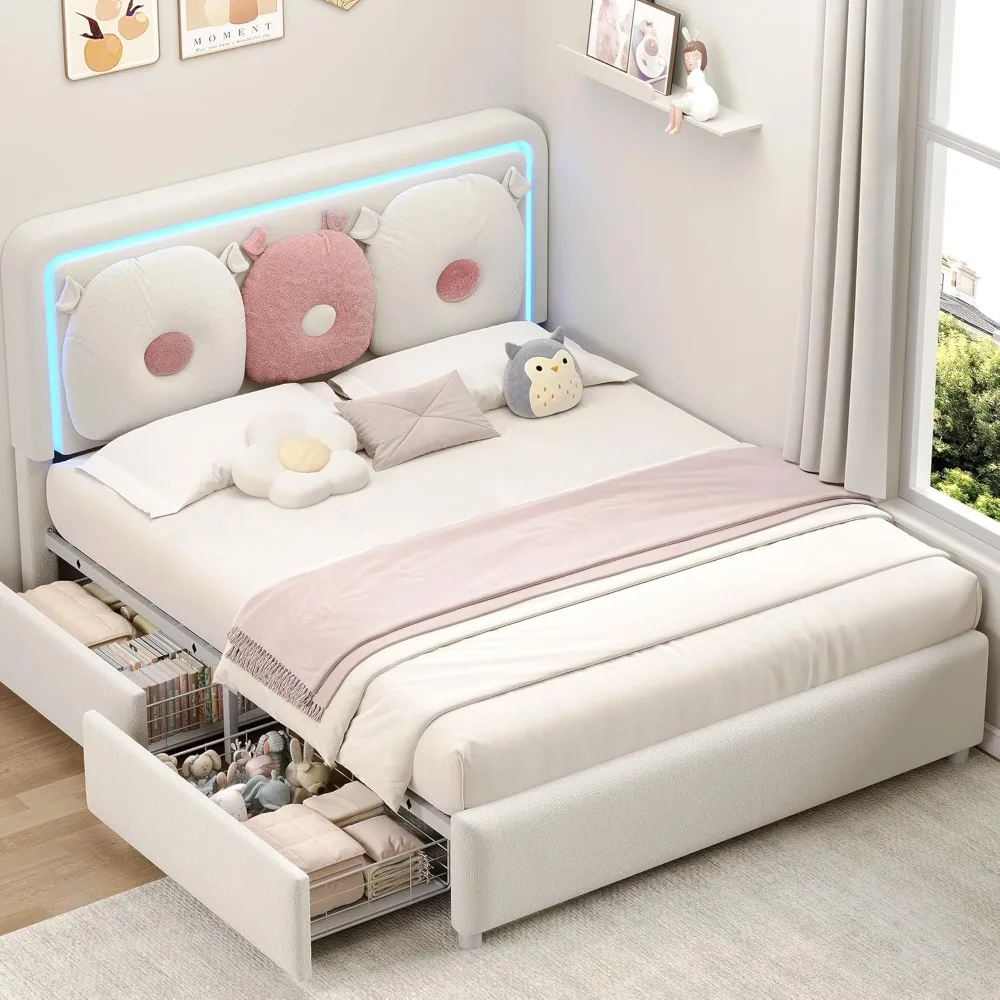 โครงเตียงควีนไซส์พร้อมหัวเตียงแบบมีกระดุม เตียงเก็บของสำหรับเด็กผู้หญิงพร้อมลิ้นชักสองชั้น โครงไม้จริงแบบไม่ต้องใช้สปริง