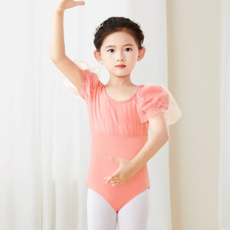 Girls Ballet Leotard Puff Sleeve Kids Dance Leotard Shirring Mesh Splice Cute Children Dance Costume for Ballet Gymnastics